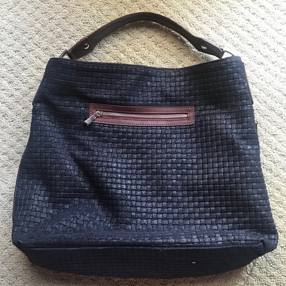 GENUINE Leather Woven Blue and Brown Hobo Tote Bag - Picture 1 of 8